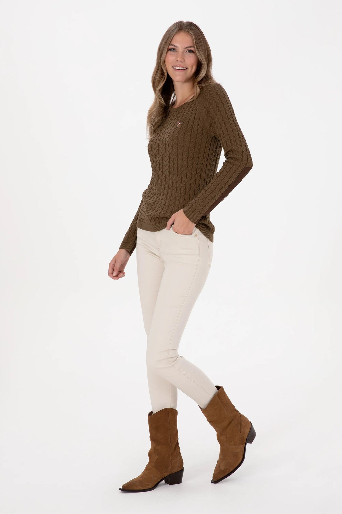 U.S. Polo Assn. Khaki Women Khaki Cable Knit Crew Neck Pullover SKU: G082SZ0TK0 2226135_VR027 Image 04