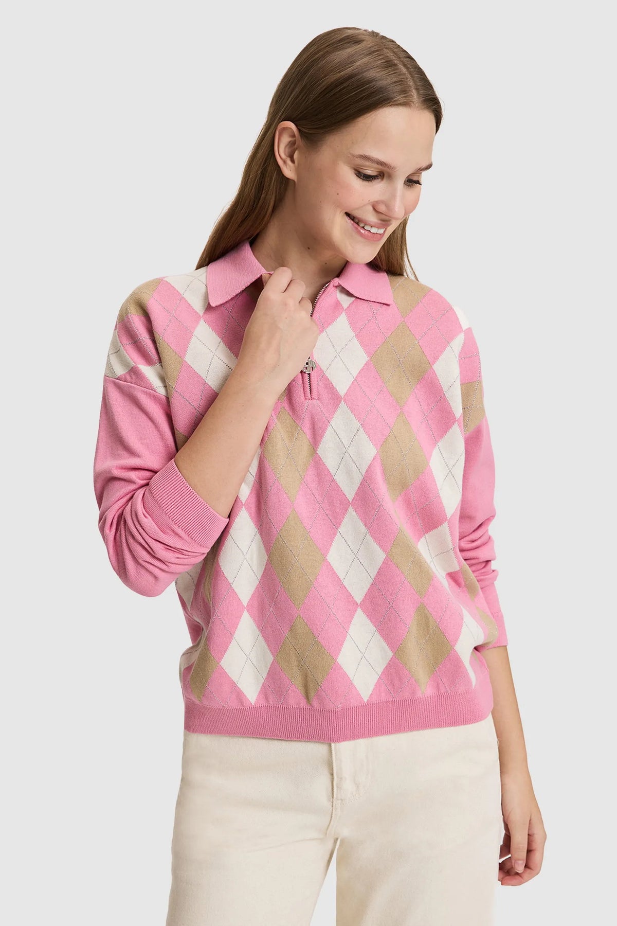 U.S. Polo Assn. Pink Women Pink Long Sleeve Argyle Knitted Polo Shirt SKU: G082SZ0TK0 PU-14327_VR041 Image 01
