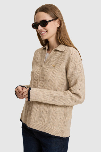 U.S. Polo Assn. Camel Women Camel Long Sleeve Knitted Open Collar Polo Shirt SKU: G082SZ0TK0 PU-14329_VR015 Image 03