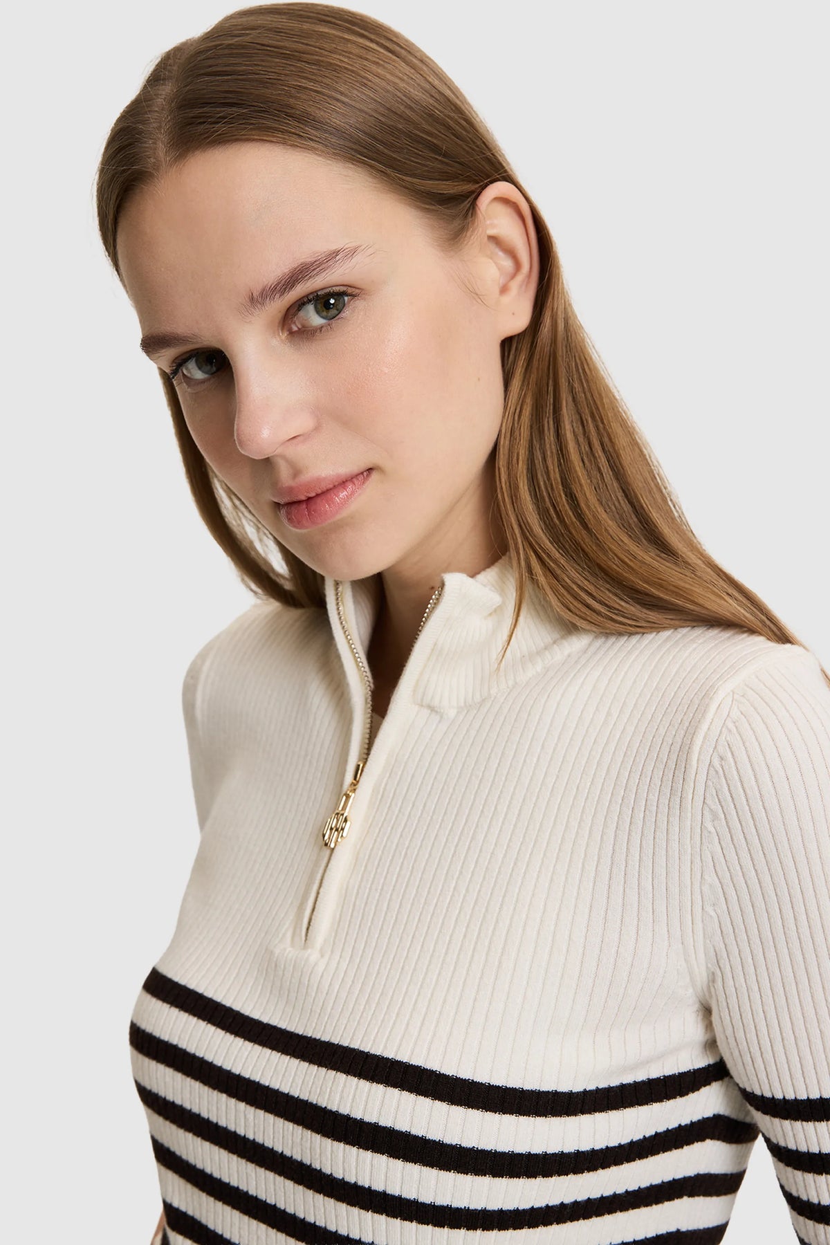 U.S. Polo Assn. Ivory Women Ivory Striped Half Zip Knitted Pullover SKU: G082SZ0TK0 PU-14338_VR265 Image 02