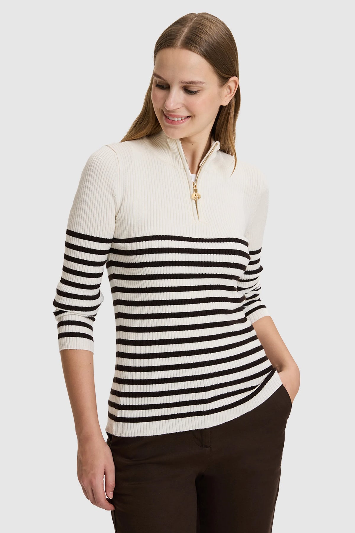 U.S. Polo Assn. Ivory Women Ivory Striped Half Zip Knitted Pullover SKU: G082SZ0TK0 PU-14338_VR265 Image 03