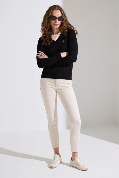 U.S. Polo Assn. Black Women Black Slim Fit Fine Knit Crew Neck Pullover SKU: G082SZ0TK0 PU-14846_VR046 Image 01