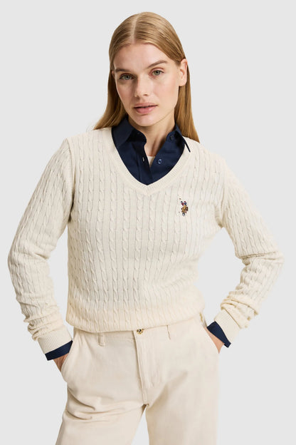 U.S. Polo Assn. Ivory Women Ivory Cable Knit V Neck Pullover SKU: G082SZ0TK0 PU-14846_VR265 Image 01