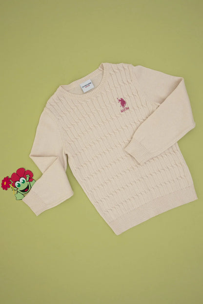 U.S. Polo Assn. Cream Girls Cream Cable Knit Crew Neck Pullover SKU: G084SZ0TK0 1921381_VR071 Image 01