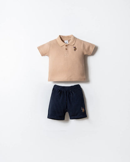 U.S. Polo Assn. Beige Baby Boy Beige T-Shirt and Short Set SKU: USB2919_Beige Image 01