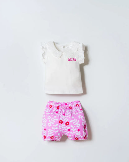 U.S. Polo Assn. White Baby Girl White T-Shirt and Short Set SKU: USB3004_White Image 01