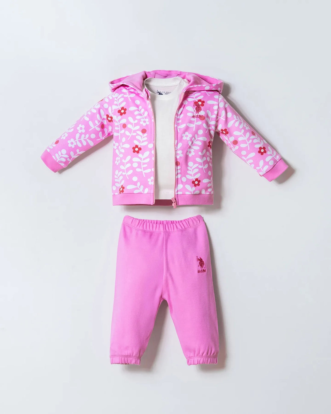 U.S. Polo Assn. Pink Baby Girl Pink Three Pieces Set SKU: USB3007_Pink Image 01