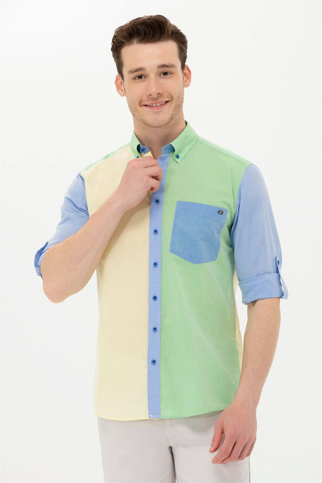 Multi-Color Color Block Long Sleeve Shirt - BEVAVA