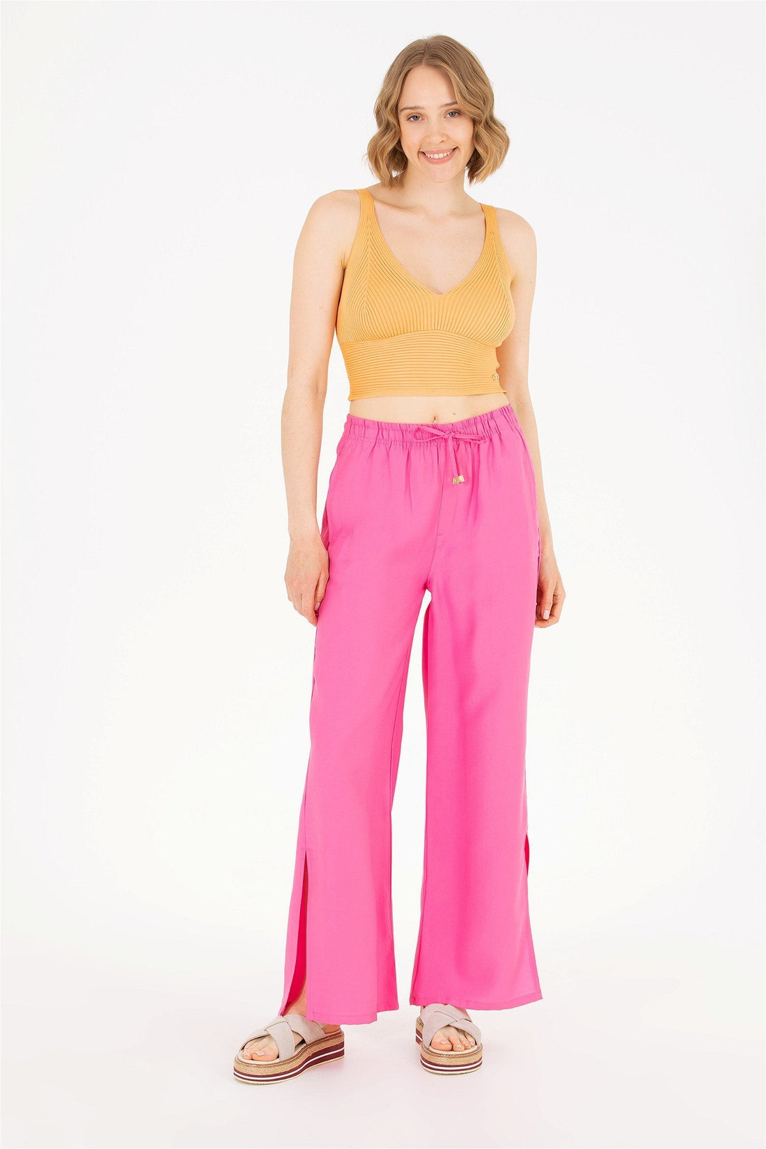 Pink Wide Leg Palazzo Trouser With Side Slits - BEVAVA